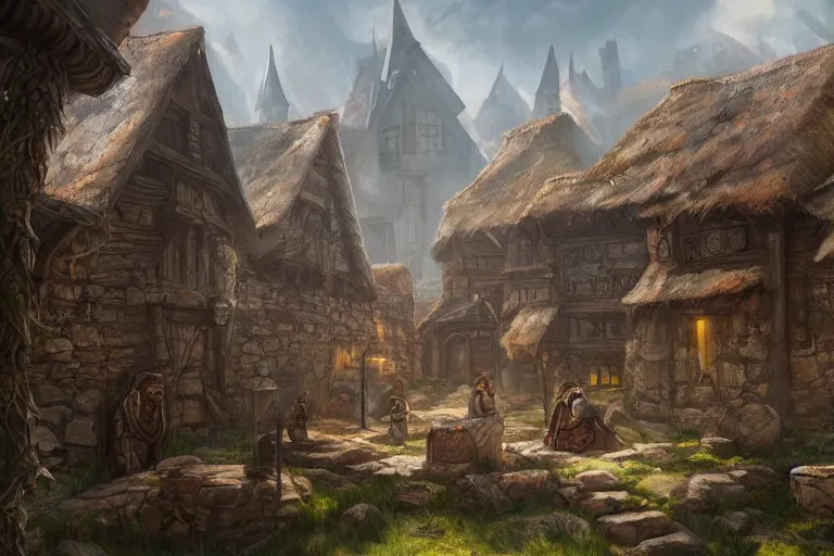 Prompt: A small medieval settlement, fantasy, D&D, concept art, sharp focus, trending on artstation, digital painting, midday, sunny, beautiful, texture, wizards of the coast, tabletop, roleplay