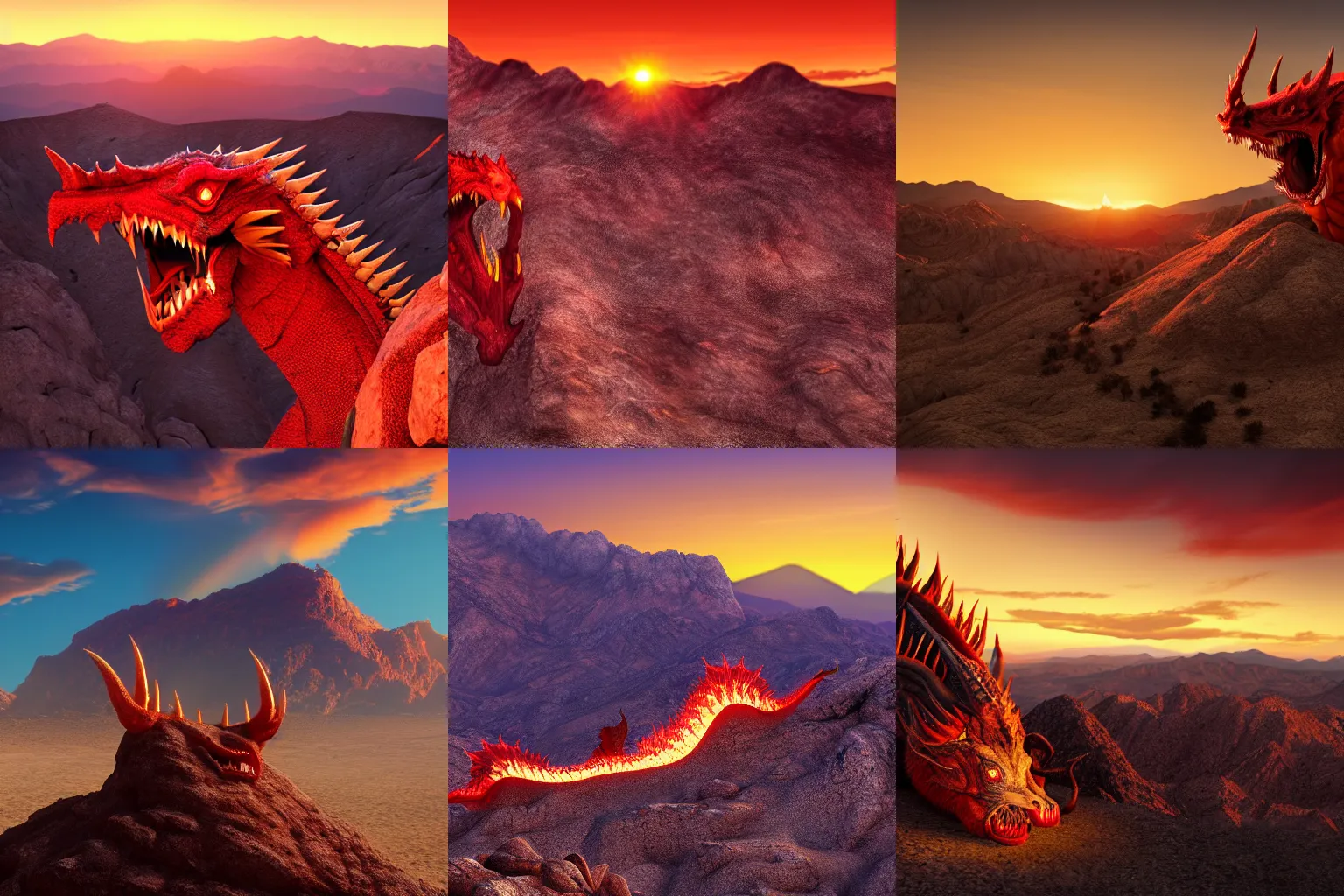 Prompt: gaping maw of a giant red dragon with long sharp teeth and horns, perched on a mountain top in the mojave desert at sunset. photorealistic. highly detailed. 4 k.