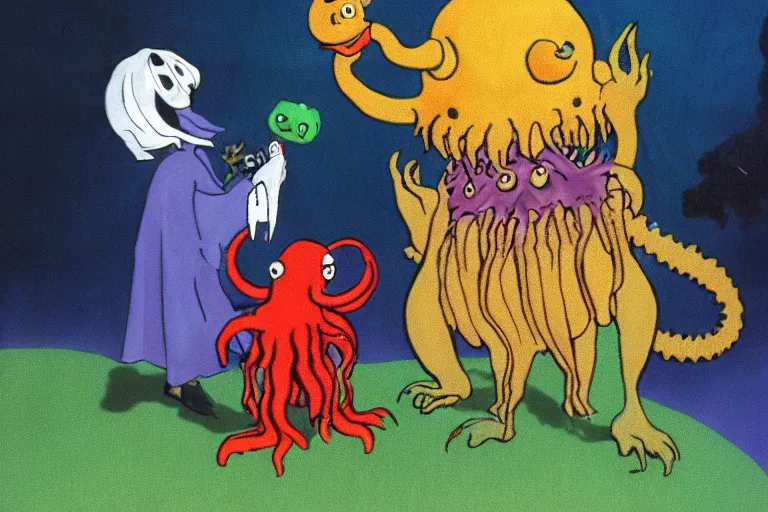 Prompt: full color frame from a 1972 kids show with Cthulhu and sad cheese puppet having a tickle picnic with furry ghost