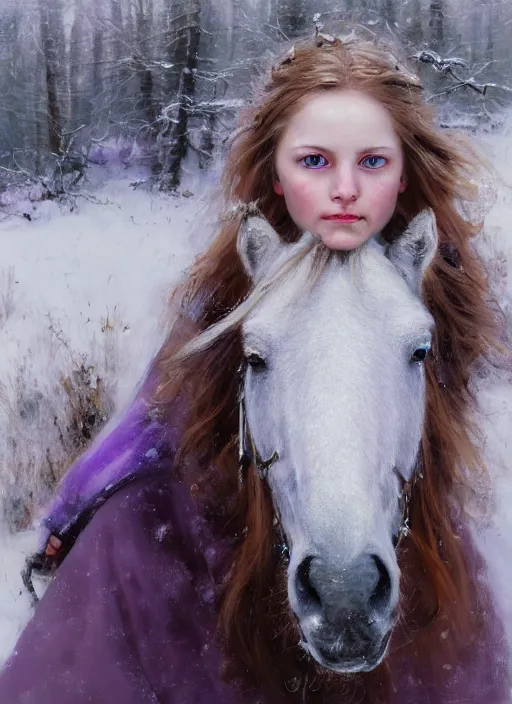 Image similar to portrait of a nordic girl with violet eyes in a snowy tundra, the girl with violet eyes has a horse. by Daniel F. Gerhartz, hyperrealistic oil painting, 4k, very detailed faces, studio lightning