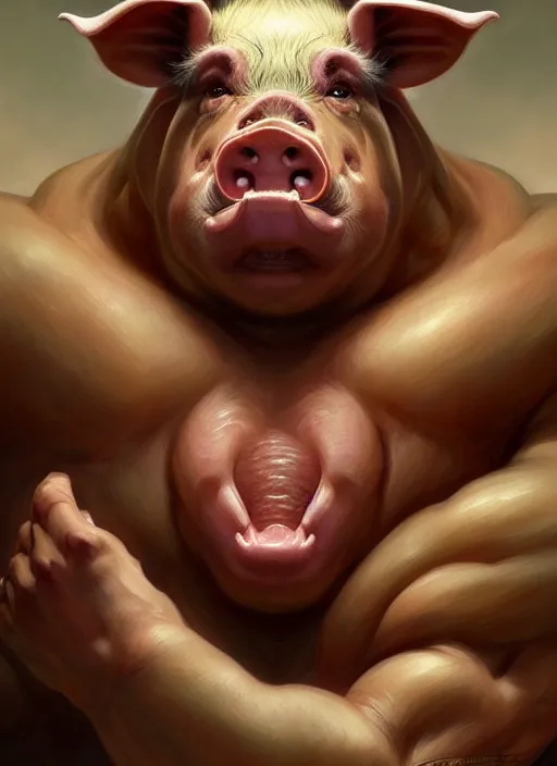 Prompt: portrait of aggressive pig humanoid, d & d, muscular! fantasy, intricate, elegant, highly detailed, digital painting, artstation, concept art, smooth, sharp focus, illustration, art by artgerm and greg rutkowski and alphonse mucha