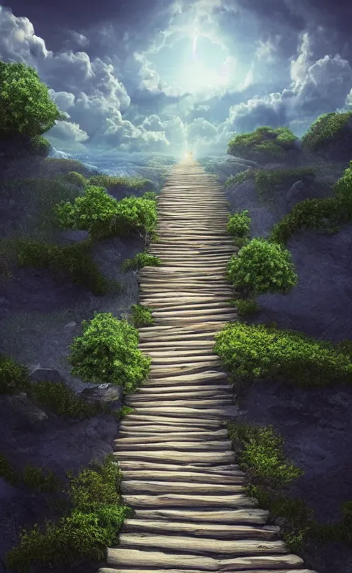 Prompt: a pathway to heaven leading up into the sky, god is waiting at the heaven gates, 8 k, concept art, ultra detailed