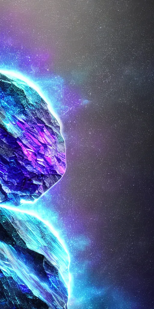 Prompt: a dark metallic asteroid with glassy rainbow dichroic crystals of labradorite going at the speed of light in dark cosmos,octane render