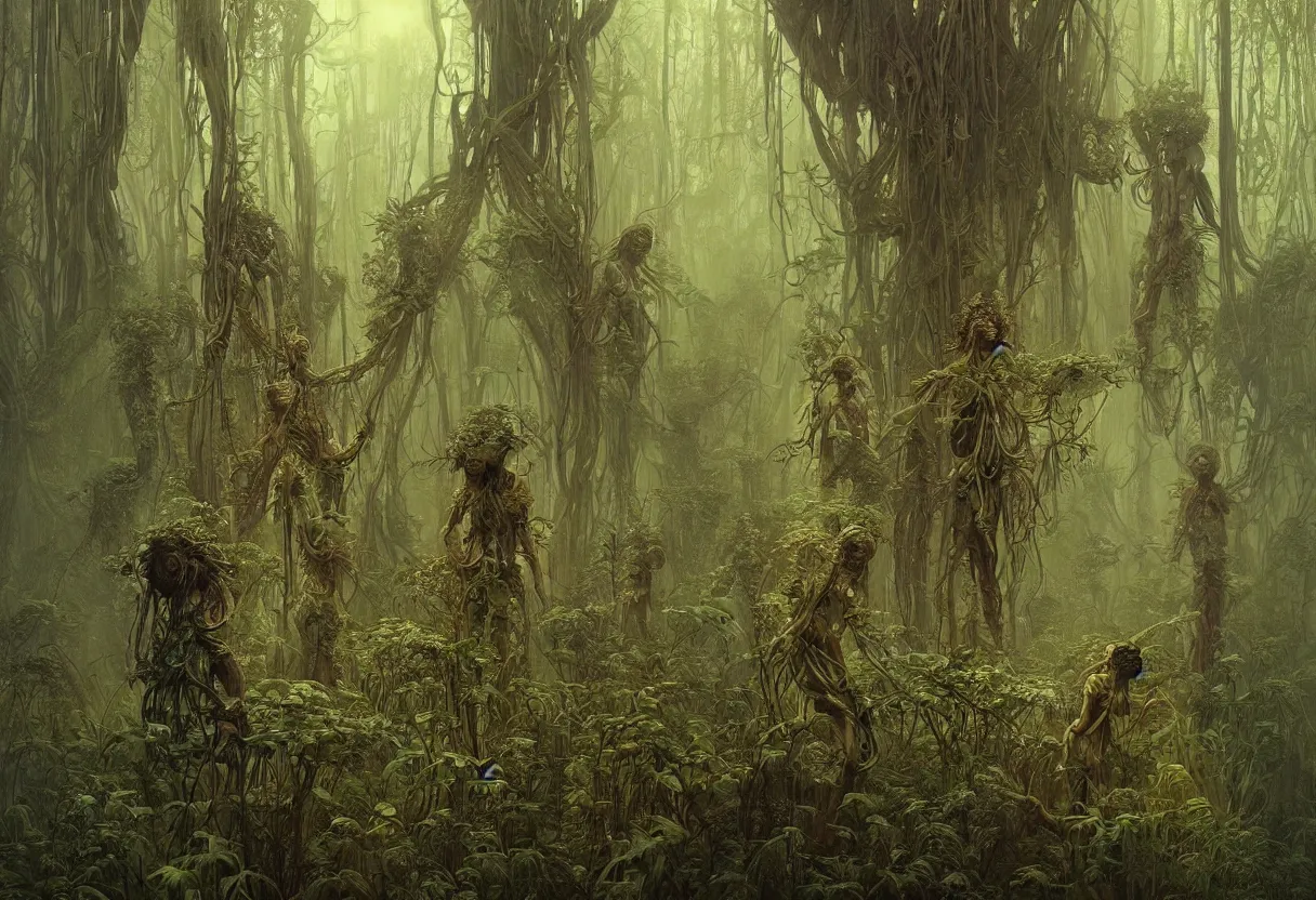 Image similar to humanoid figures made of plants having a seance in a beautiful bioluminescent forest, by daniel - by greg rutkowski and raymond swanland hr giger and zdzislaw beksinski and alphonse mucha and moebius, matte painting, hyperdetailed, symmetry, art nouveau, beautiful render, concept art