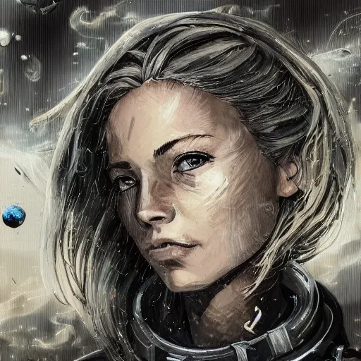 Prompt: highly detailed portrait of a young astronaut lady with a wavy blonde hair, by Dustin Nguyen, Akihiko Yoshida, Greg Tocchini, Greg Rutkowski, Cliff Chiang, 4k resolution, punk inspired, witcher inspired, resident evil inspired, vibrant but dreary gold, silver, opal, black and white color scheme!!! ((Graffiti tag Space nebula background))