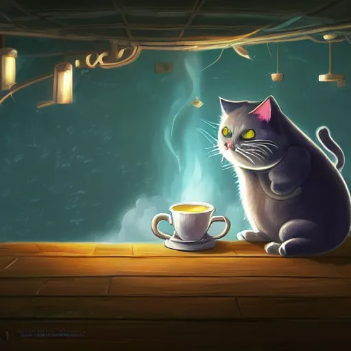 Prompt: angry fat cat full of rage drinking tea, by cyril rolando and naomi okubo and dan mumford and ricardo bofill, HD, 4k