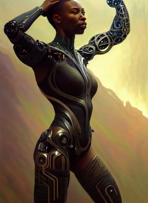 Image similar to organic cyborg, wakanda, diffuse lighting, fantasy, intricate, elegant, highly detailed, lifelike, photorealistic, digital painting, artstation, illustration, concept art, smooth, sharp focus, art by John Collier and Albert Aublet and Krenz Cushart and Artem Demura and Alphonse Mucha