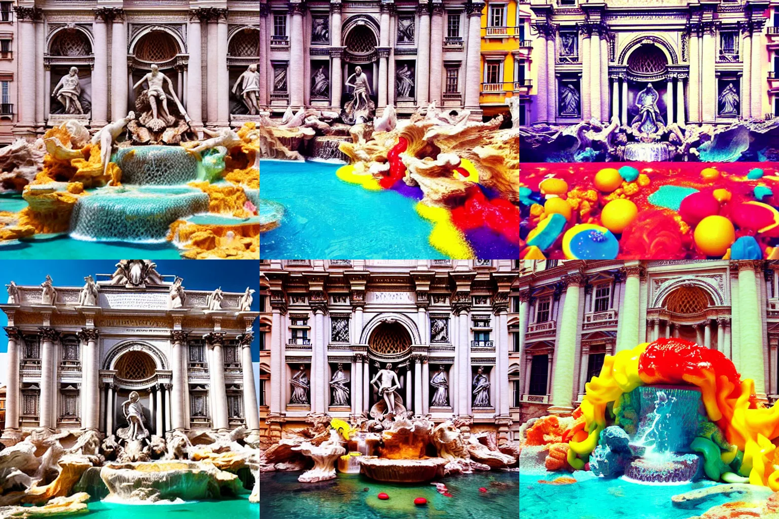 Prompt: fontana di trevi made of candy, katy perry style, colorfull, vibrant, yummy, sweet, sunny, happy, detailed, realistic, food, focused and centered