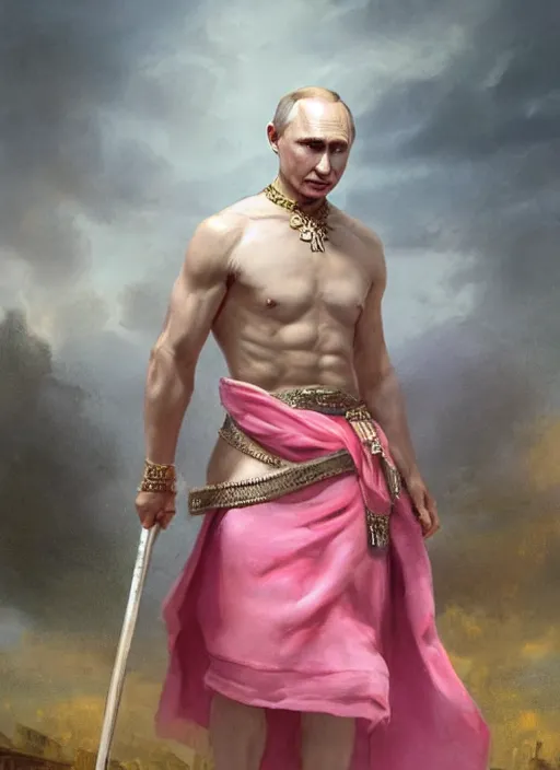 Image similar to vladimir putin as a magnificent beautiful greek god in a crown and short pink balerrina skirt by greg rutkowski