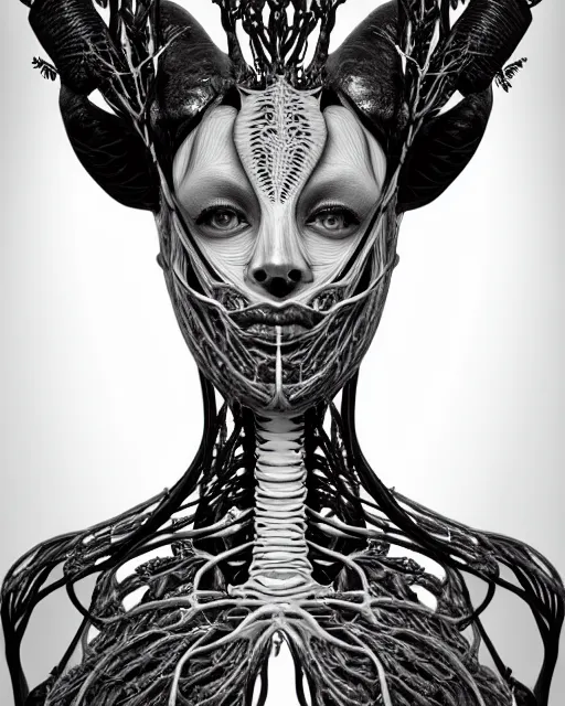 Prompt: a black and white high quality photo of a young beautiful female queen-vegetal-dragon-cyborg bust with a very long neck and Mandelbrot fractal face, Mandelbrot fractal skin, flesh, anatomical, facial muscles, veins, arteries, elegant, highly detailed, flesh highly baroque ornate, hair are wired cables, elegant, high fashion, rim light, octane render, in the style of Cindy Sherman, Realistic, Refined, Digital Art, Highly Detailed, Cinematic Lighting, rim light, black and white, photo-realistic, 8K