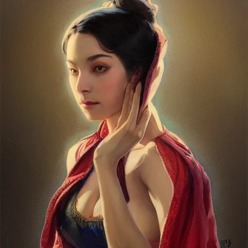 Image similar to character portrait of Mata Hari girl in a hoodie, relaxing mood, intricate, wild, highly detailed, digital painting, artstation, upper body, concept art, smooth, sharp focus, illustration, art by artgerm and greg rutkowski and alphonse mucha