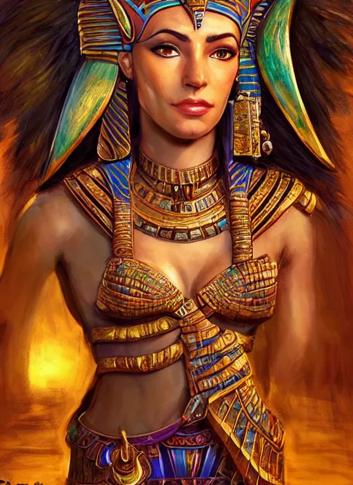 Image similar to sekmet egyptian inspired, ultra detailed fantasy, dndbeyond, bright, colourful, realistic, dnd character portrait, full body, pathfinder, pinterest, art by ralph horsley, dnd, rpg, lotr game design fanart by concept art, behance hd, artstation, deviantart, hdr render in unreal engine 5