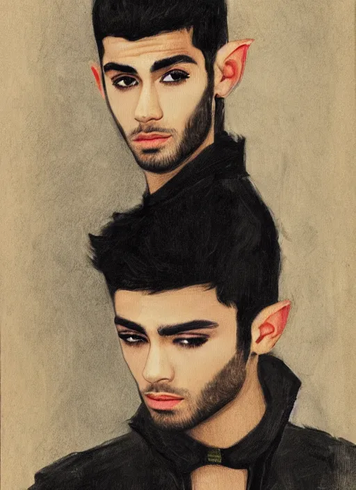 Image similar to portrait of zayn malik as an elf by turner, only one head single portrait, pointy ears, wearing a black leather collared jacket