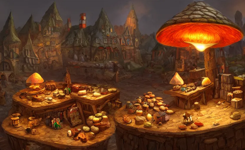 Prompt: a tiny medieval marketplace on top of a giant shelf mushroom, digital art, trending on artstation, beautiful lighting