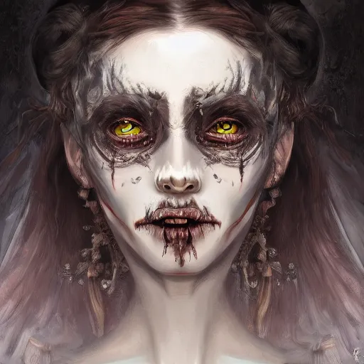 Image similar to A very detailed horrifying portrait painting of the princess of darkness, Écorché, occult, 8k, trending on artstation cgsociety, masterpiece, in the style of DiscoDiffusion.
