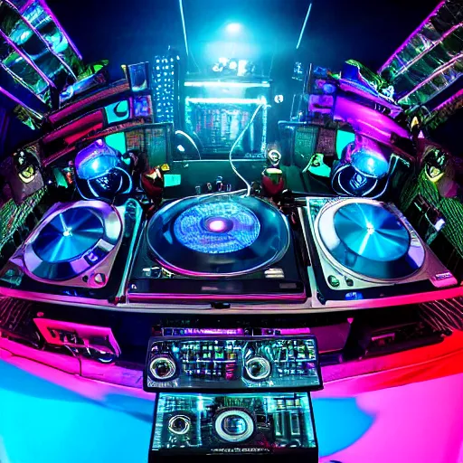 Image similar to award winning photo of an octopus dj with tentacles simultaneously placed turntables cdjs and knobs of a pioneer dj mixer. sharp, blue and fuschia colorful lighting, in front of a large crowd, studio, medium format, 8 k detail, volumetric lighting, wide angle, at an outdoor psytrance festival main stage at night