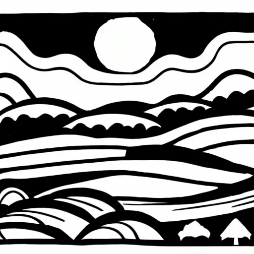 Image similar to a lineart illustration about a rising sun on a landscape, negative space is allowed, black ink on white background, smooth curves