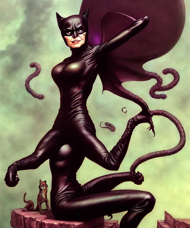 Prompt: cat woman from batman in the style of peter mohrbacher, wayne barlowe, gustav moreau, bussiere, roberto ferri, santiago caruso, luis ricardo falero, austin osman spare, boris vallejo, hajime sorayama, dali