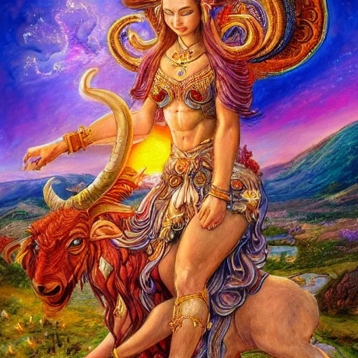 Prompt: a goddess riding a ram while checking her cell phone, by josephine wall, senior concept artist, fantasy art for the zodiac sign aries, erupting volcano and sunrise in distance in background, acrylic on canvas, intricately detailed, high resolution trending on artstation