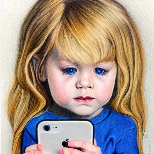 Image similar to 3 year old blonde girl with iphone, colored pencil on white background by eloise wilkin