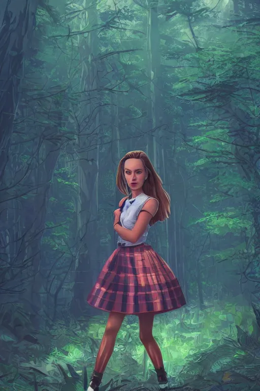 Prompt: natalie portman as a girl in a dark forest, detailed plaid miniskirt, beautiful upper body, by dan mumford, anime style, octane render, trending on artstation