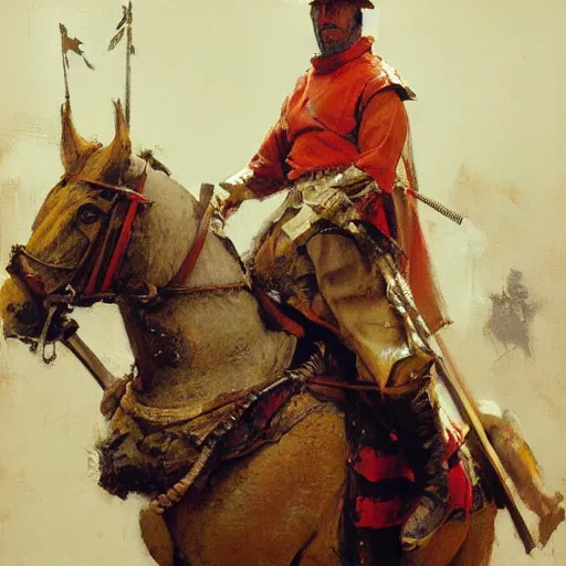 Prompt: portrait of man on horseback holding jousting lance, caparisons, by greg manchess, bernie fuchs, ruan jia, walter everett