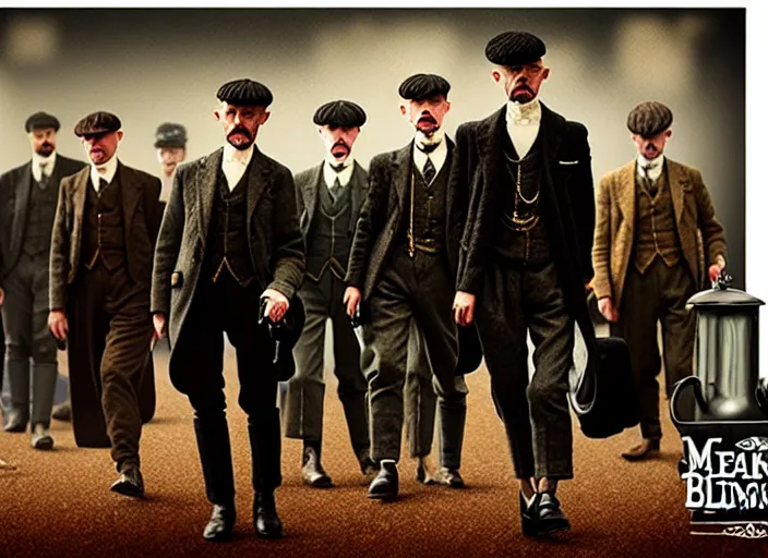 Image similar to peaky blinders crew made of shimps, poster, matte painting, 3 - d highly detailed, in the style of mark ryden,