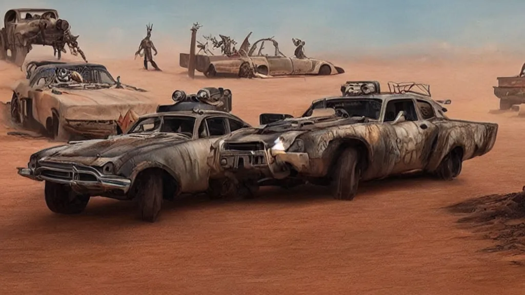 Image similar to mad max cars in a pixar disney movie