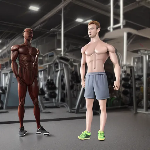 Image similar to a realistic detailed photo of a guy who is an attractive humanoid who is half robot and half humanoid, who is a male android, attractive and handsome jogger, shiny skin, posing like a statue, blank stare, in a factory, on display, showing off his muscles, wearing gym shorts, side view, looking at each other mindlessly