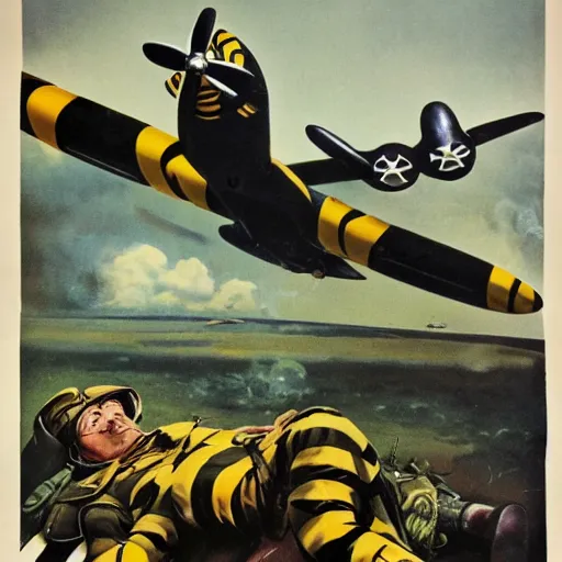 Image similar to a bumblebee painted b 2 9 bomber drops a bomb onto a sleeping soldier, ww 2 propaganda poster, highly detailed, no text