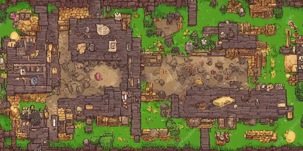 Image similar to A high detailed vector art presenting an aerial view of a cartoonish RPG tavern by dungeondraft, dofus, Patreon content, containing tables and walls, HD, straight lines, vector, grid, dnd map, map patreon, fantasy maps, foundry vtt, fantasy grounds, aerial view ,dungeondraft , tabletop, inkarnate, dugeondraft, roll20