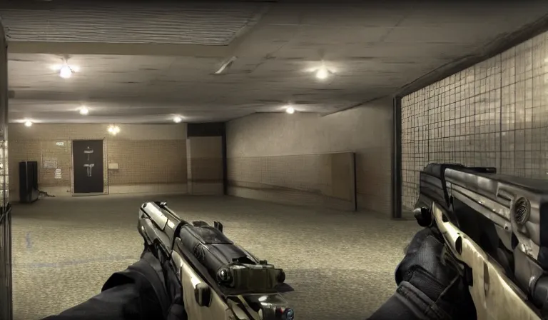 Prompt: screen shot of COD, hallway in the school, Gun at bottom of screen