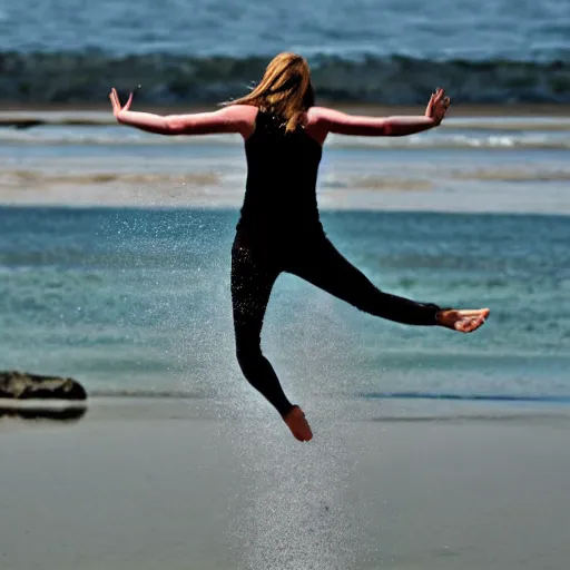 Prompt: woman jumping at water, fast shutter speed, high speed, action photo, 1 / 1 0 0 0 sec shutter