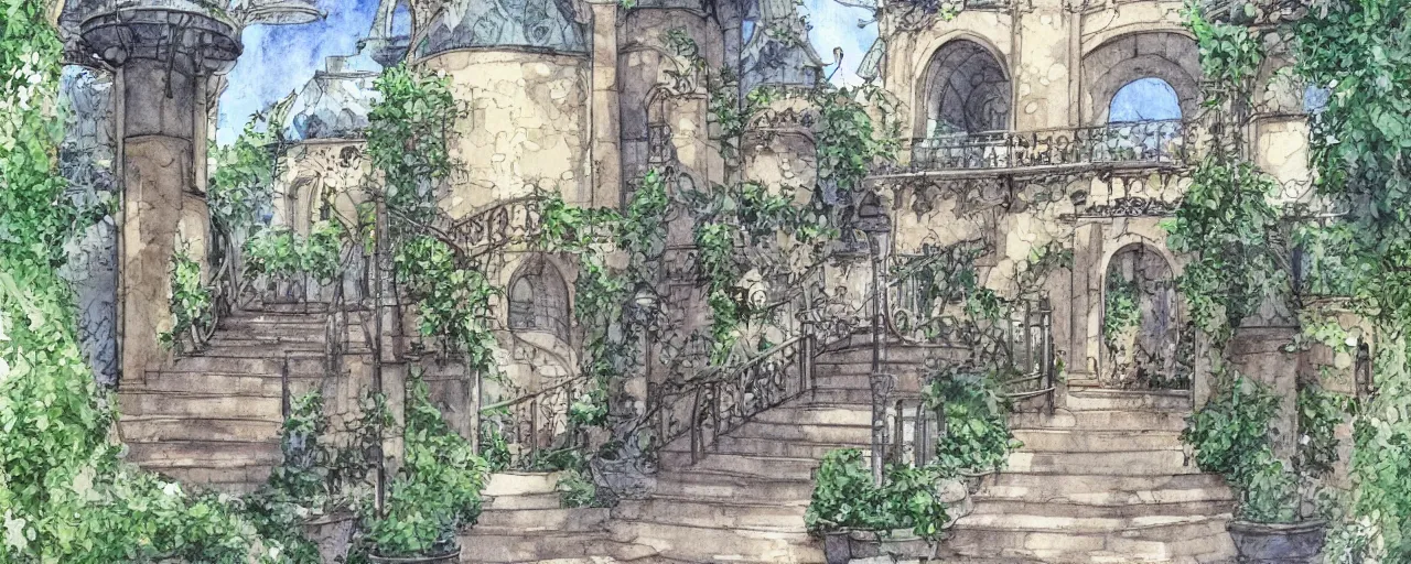 Prompt: courtyard walkway, fountain, castle, stairway, chairs, wrought iron, gate, botanic garden, botanical herbarium paper, watercolor colored painting, iridescent colors, realistic shaded, fine, artstation, italian style, colonnade ornate headdress, craving, carved, insanely detailed studio ghibli