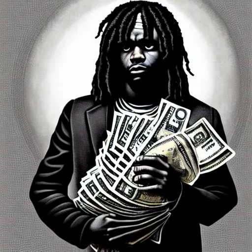 Image similar to highly accurate cheef keef rapper holding stacks of cash, biblical image, style of gustave dore, highly detailed, beautiful, high contrast, black and white