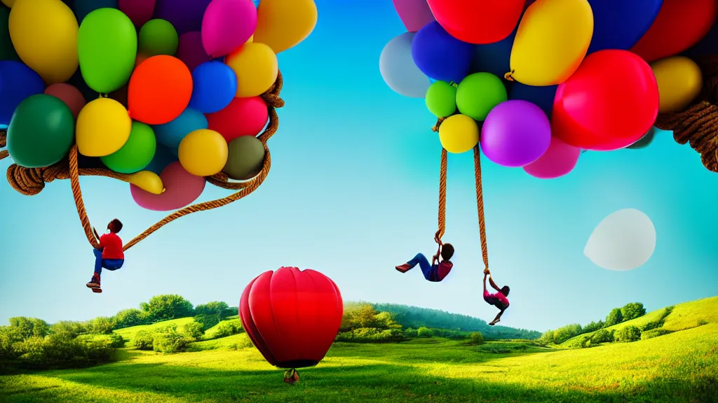 Image similar to large colorful balloons with people on rope swings underneath, flying high over the beautiful countryside landscape, professional photography, 8 0 mm telephoto lens, realistic, detailed, digital art, unreal engine