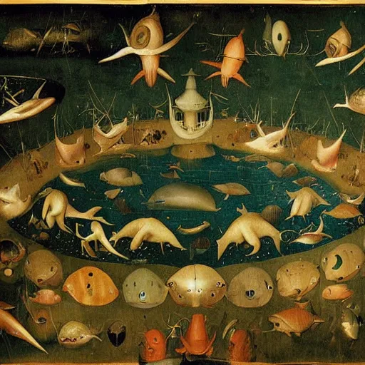 Prompt: a deep lake filled with fish people, dolphins, flippers hybrid half man half fish, flying and eating frogs, by hieronymus bosch