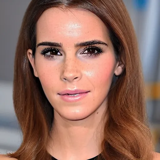 Image similar to a woman who is a genetic combination of kim kardashian and emma watson face and upper - body focus