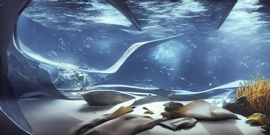 Image similar to underwater living habitat designed by zaha hadid, cinematic lighting, deep focus, sharp focus, golden ratio, dramatic illumination, hdr, ultra realistic, 8 k, highly detailed, trending on artstation, epic composition, by caravaggio, by artemisia lomi gentileschi