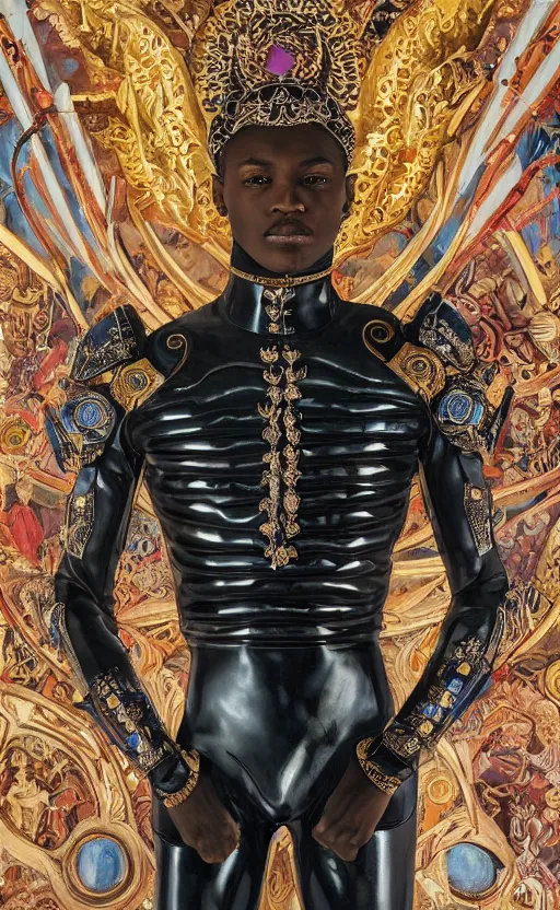 Image similar to beautifully painted mural of a stunning young black cyborg prince in ornate royal fabric, piercing glowing eyes, sci fi scenery, vogue cover poses, mural in the style of sandro botticelli, caravaggio, albrecth durer