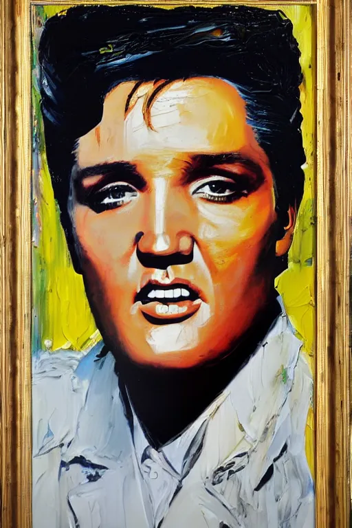 Image similar to highly detailed palette knife oil painting of Elvis Presley, wealthy, wise, by Peter Lindbergh, impressionistic brush strokes, painterly brushwork