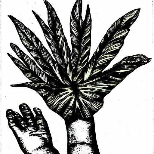 Image similar to palm of a hand with various plants growing out of it, pen and ink style