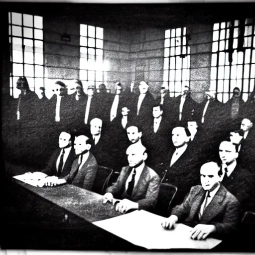 Image similar to The minions at the Nuremberg trials, monochrome, very low contrast, noise