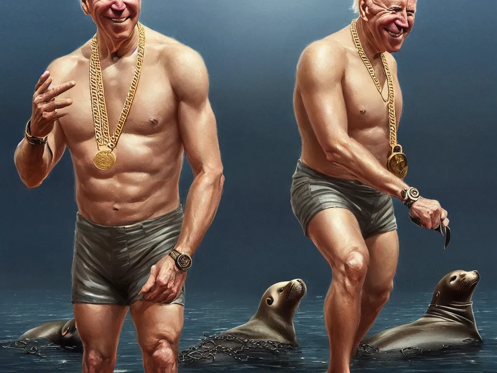 Prompt: joe biden wearing cycling shorts and gold chains surrounded by seals, elegant, real life skin, intricate, high detailed, artstation, concept art, smooth, sharp focus, art by artgerm and greg rutkowski