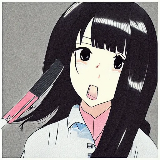 Image similar to “Detailed manga art of a beautiful Japanese girl holding a knife; loving expression; school uniform; high contrast; clean, sharp”