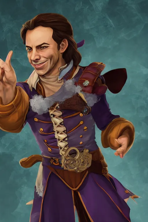 Prompt: Sam Riegel as Scanlan Shorthalt from Vox Machina, Halfling Bard, realistic cinematic shot, flipping you off using Bigby's Hand, subtle fog and mood lighting