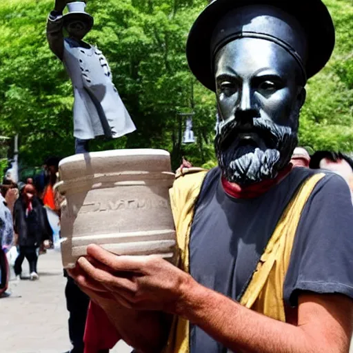 Image similar to guy with pot on his head and with bust of Lenin in his hands
