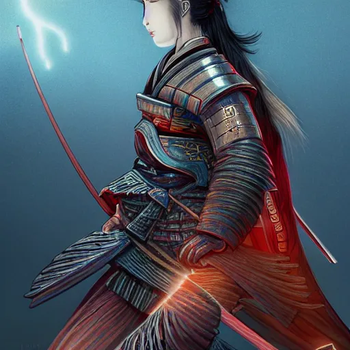 Image similar to a tarot card of a female samurai, flaming katana, ominous nighttime storm, fantasy, d & d, intricate, elegant, highly detailed, digital painting, artstation, concept art, matte, sharp focus, illustration