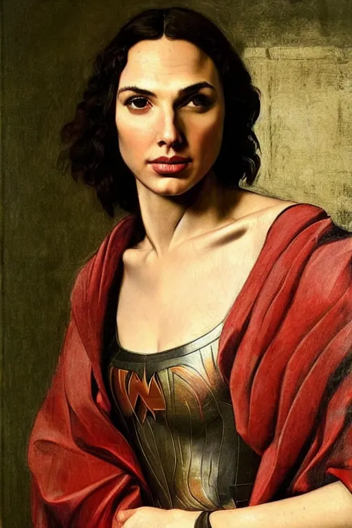 Image similar to a portrait of a Gal Gadot, beautiful clothes, oil painting in a renaissance style , very detailed, painted by Caravaggio.