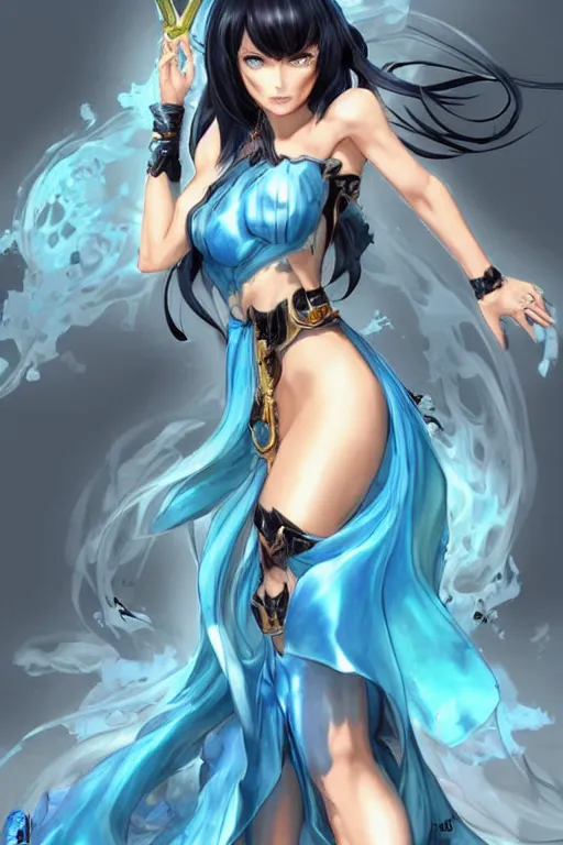 Image similar to Megan Fox using a pale blue summer dress in a blade and soul spinoff artbook rendered by the artist Taran Fiddler, Joe Madureira, Nadezhda Tikhomirova, Jiyun Chae, Lê Long, trending on Artstation by Hyung Tae Kim, artbook, Stanley Artgerm Lau, WLOP, Rossdraws , James Gurney